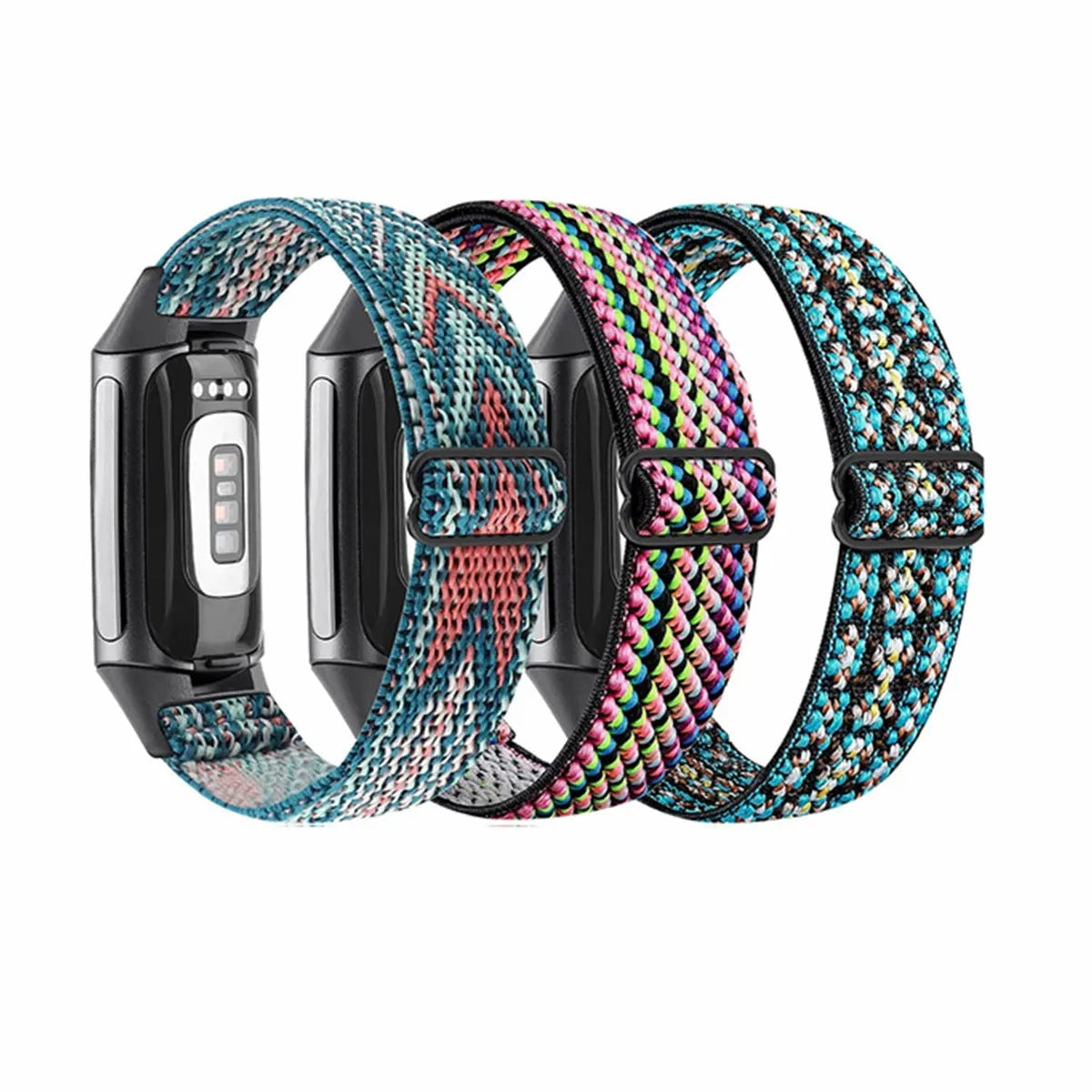 Nylon elastic strap with silver metal toe cap for Fitbit Charge 5 or 6, black colour