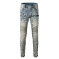 Light blue men's slim fit distressed jeans with hand-frayed details and an elastic waist.
