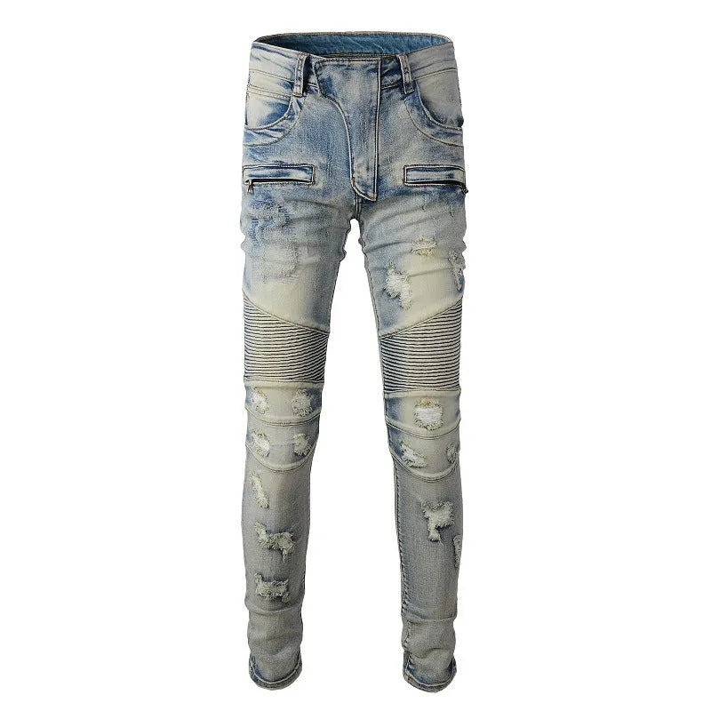 Light blue men's slim fit distressed jeans with hand-frayed details and an elastic waist.