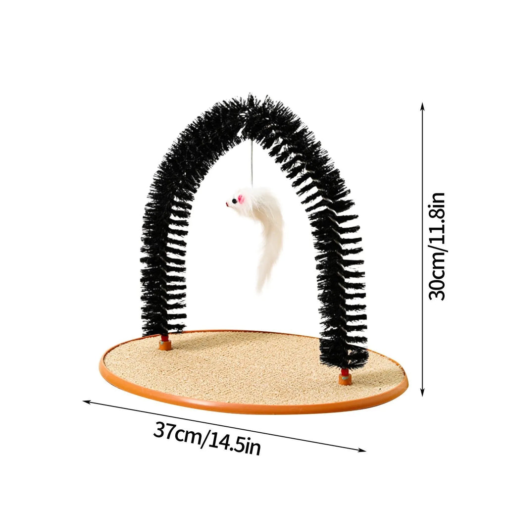 Black arch-shaped plastic cat grooming device with a mop and scratching surfaces, featuring a plush mouse toy.