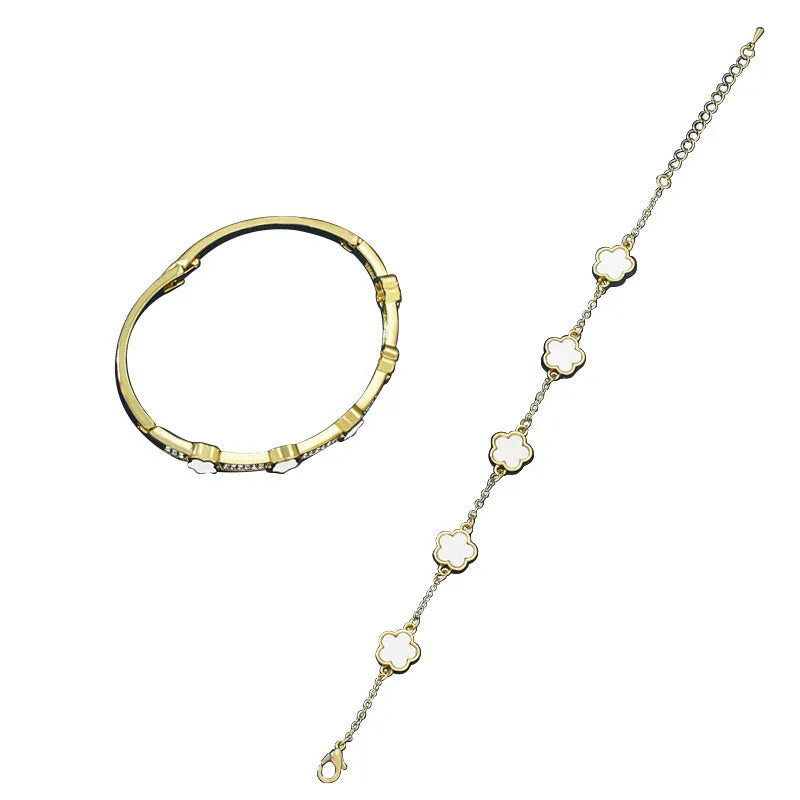 Five petal flower lace bracelet set in copper with electroplated finish, white TZ-809 colour, two bracelets