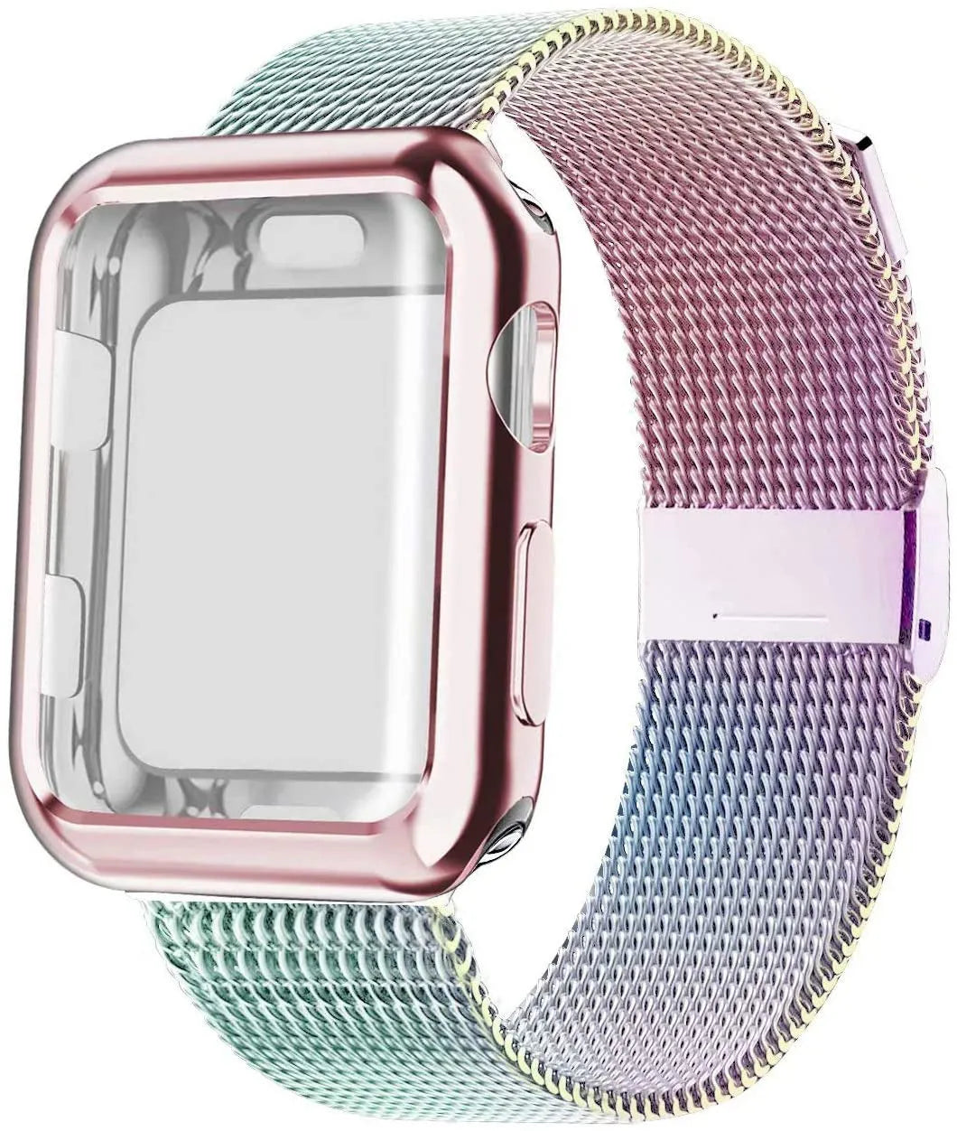 Silver Milanese loop metal strap with magnetic clasp attached to an Apple Watch on a wrist.