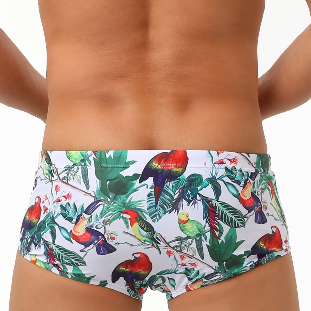 Men's flower-bird print swimming trunks with cup cover in nylon fabric