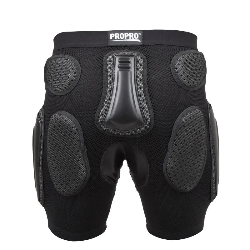 Black cycling protective hip pad pants on a mannequin, showing integrated padding at the hip area.