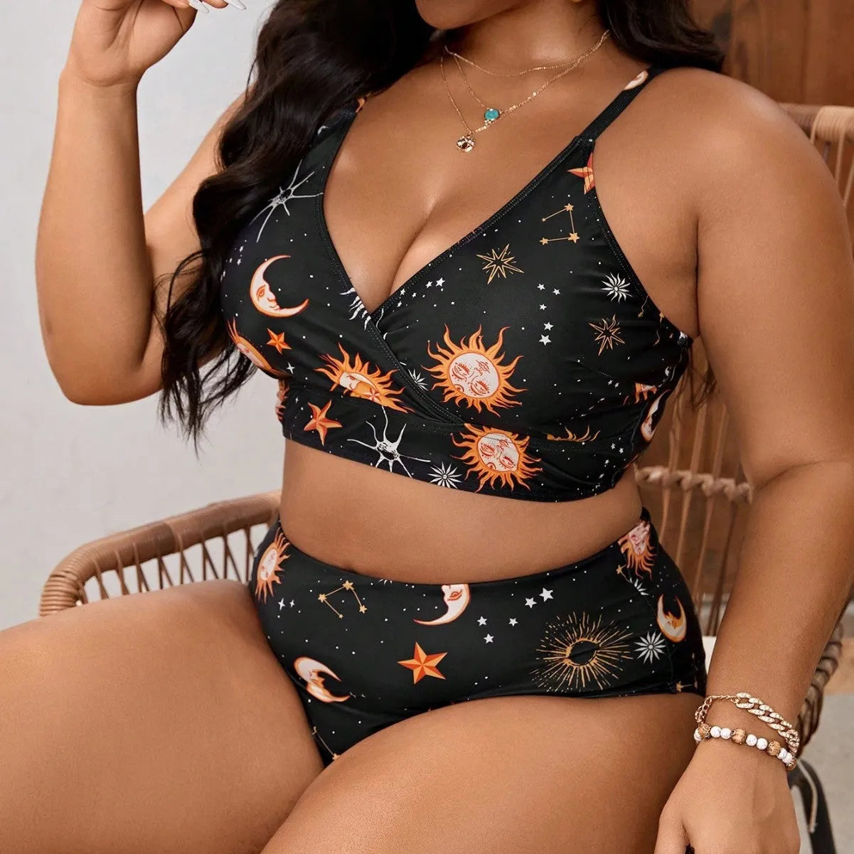 Women's split printed large size swimsuit in sleeveless briefs style, multicolour, sizes L to 4XL
