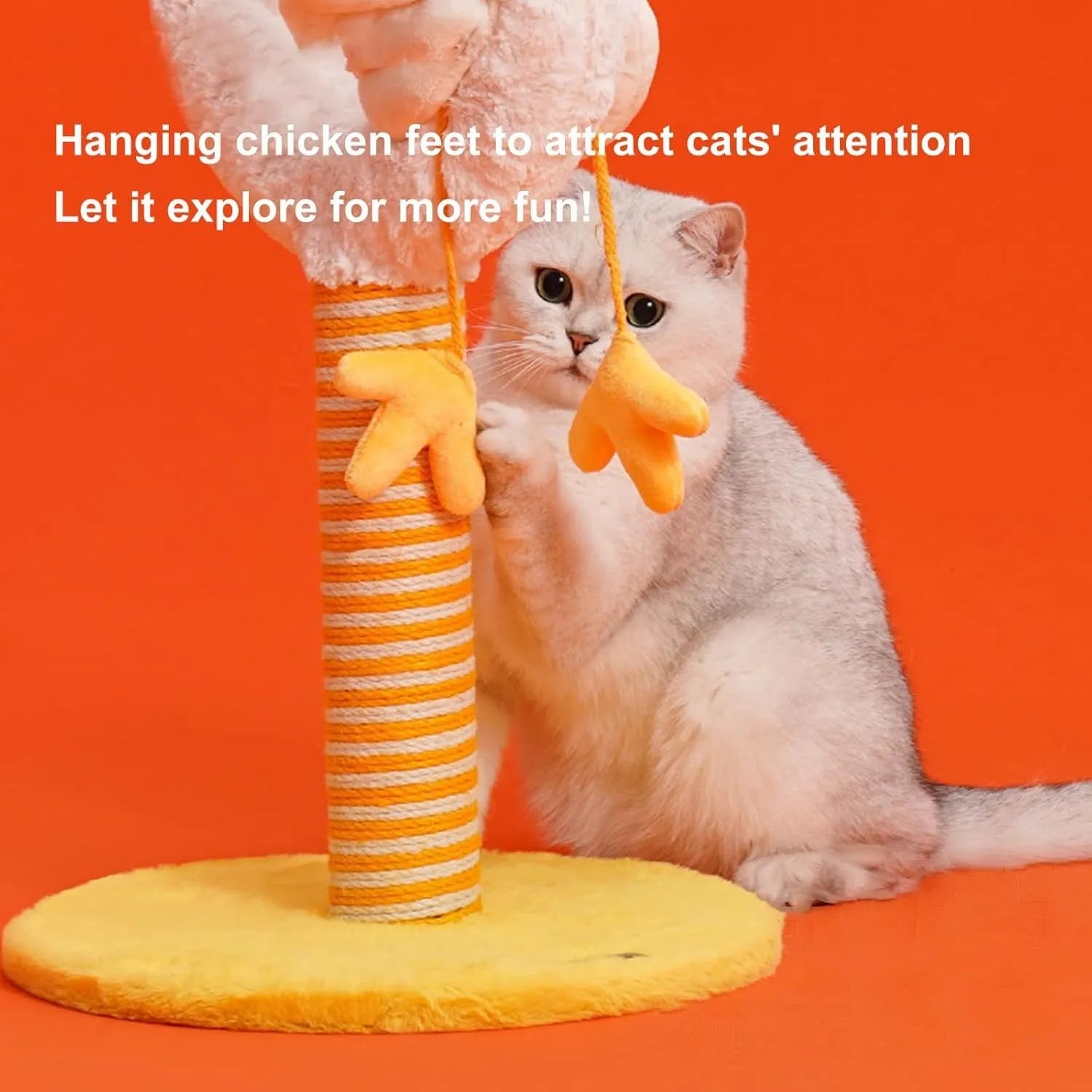 Yellow vertical sisal cat scratching post with U-shaped design and spring ball.