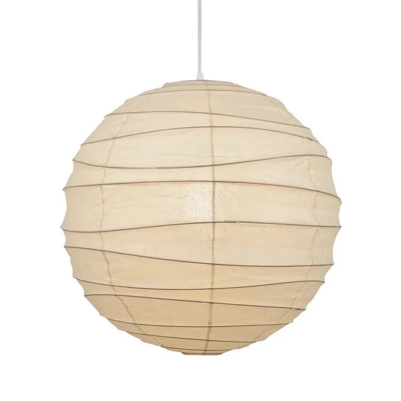 Japanese rice paper chandelier in living room setting with soft ambient lighting