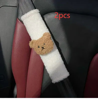 Cartoon bear plush baby car seat belt protective cover showing khaki and coffee colour options
