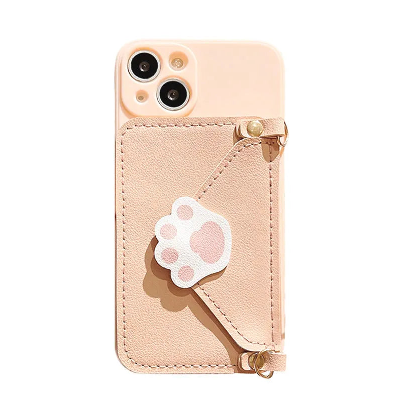 Cat's Paw drop-proof TPU phone case in beige for iPhone 13 with crossbody strap