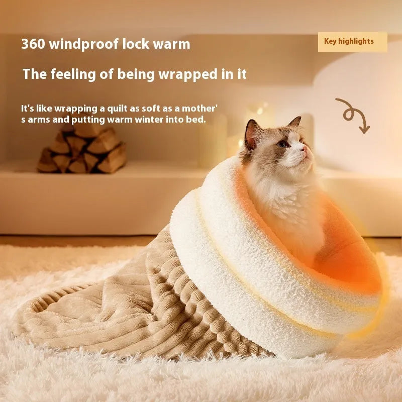 Brown semi-enclosed plush pet sleeping bag or cat nest bed on a wooden floor.