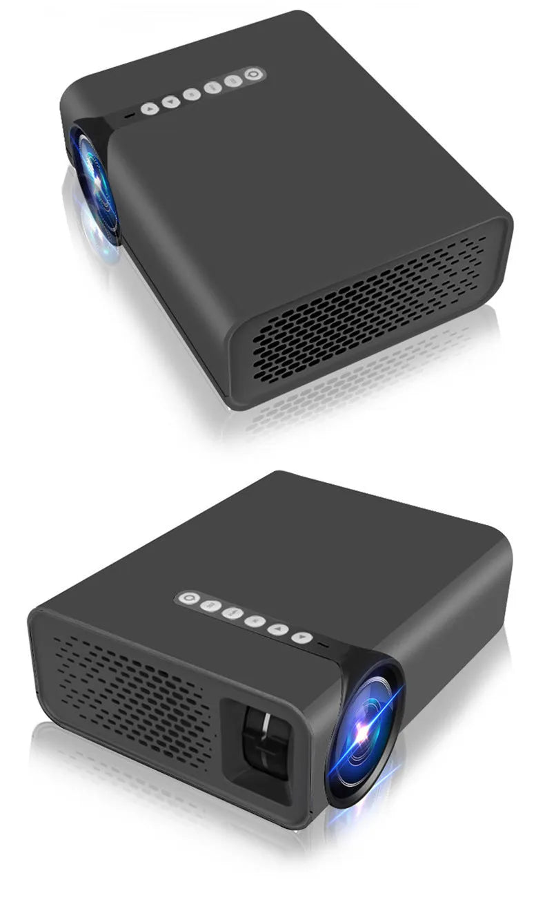 Black portable projector with HD 1080P support and wireless phone screen version placed on table