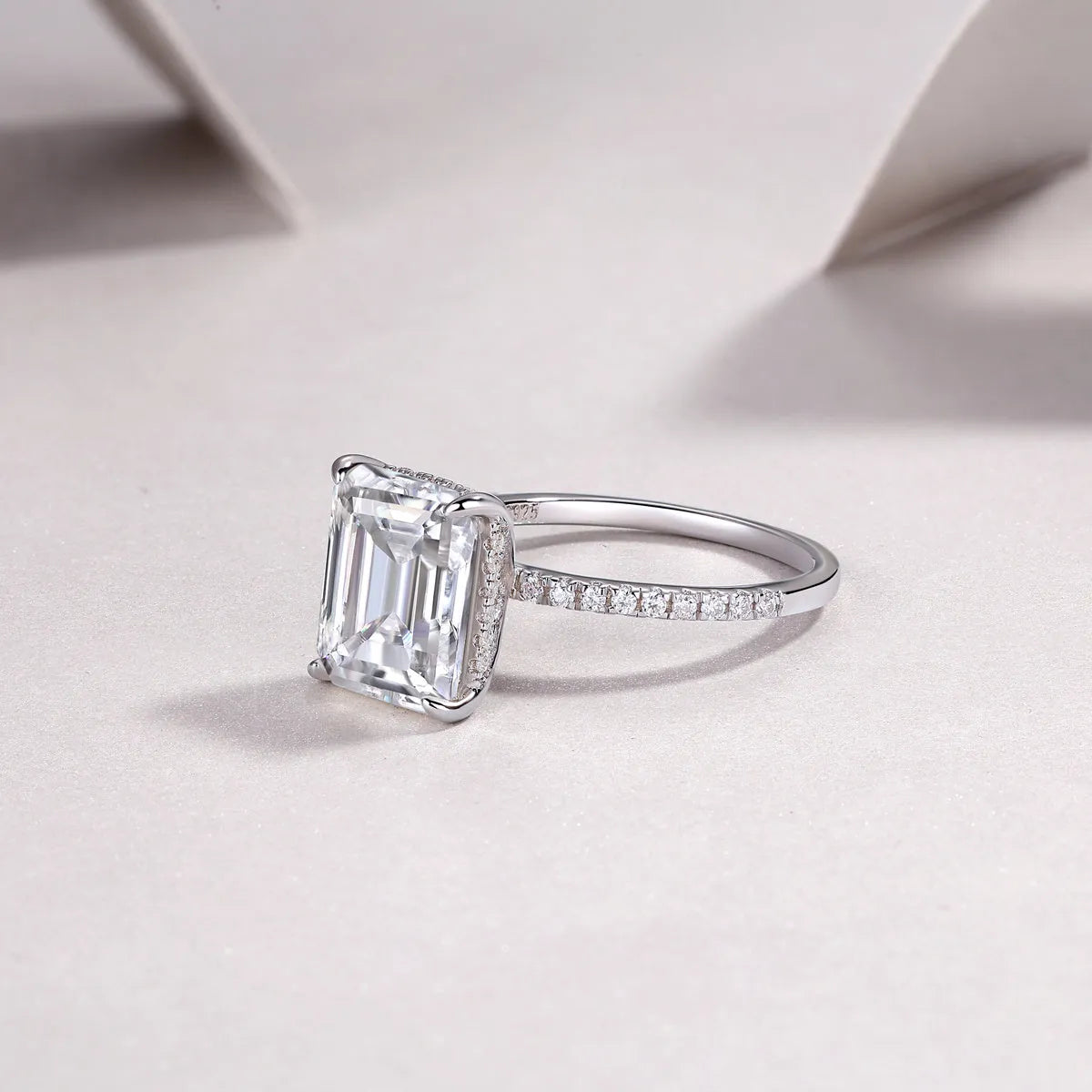 Octagonal moissanite wedding ring set on S925 silver band with platinum plating, size 7, gift box packaging