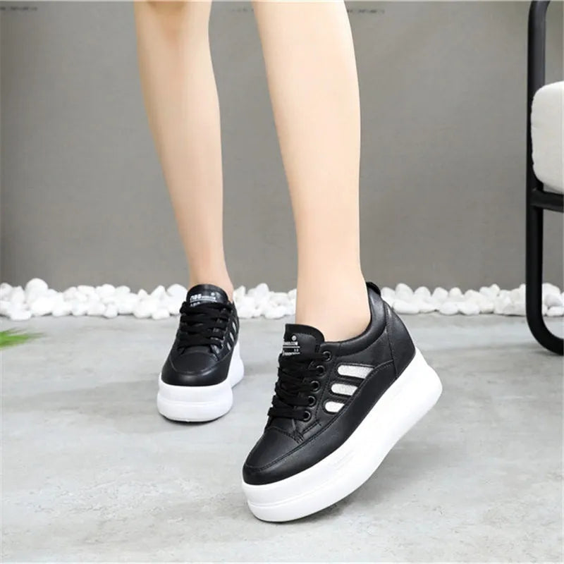 Women's height-increasing wedge platform pumps in black with round toe and 6-8CM heel from side view