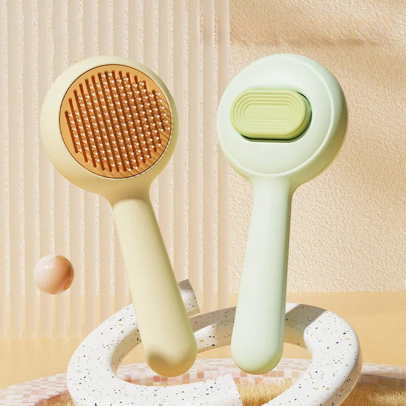 Green and yellow pet grooming brushes with stainless steel teeth and non-slip handles.