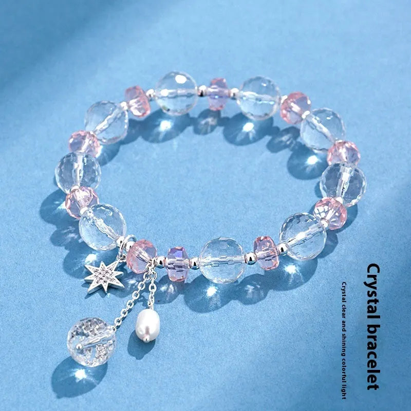 Women's white crystal bracelet with lucky cat charm and electroplated finish