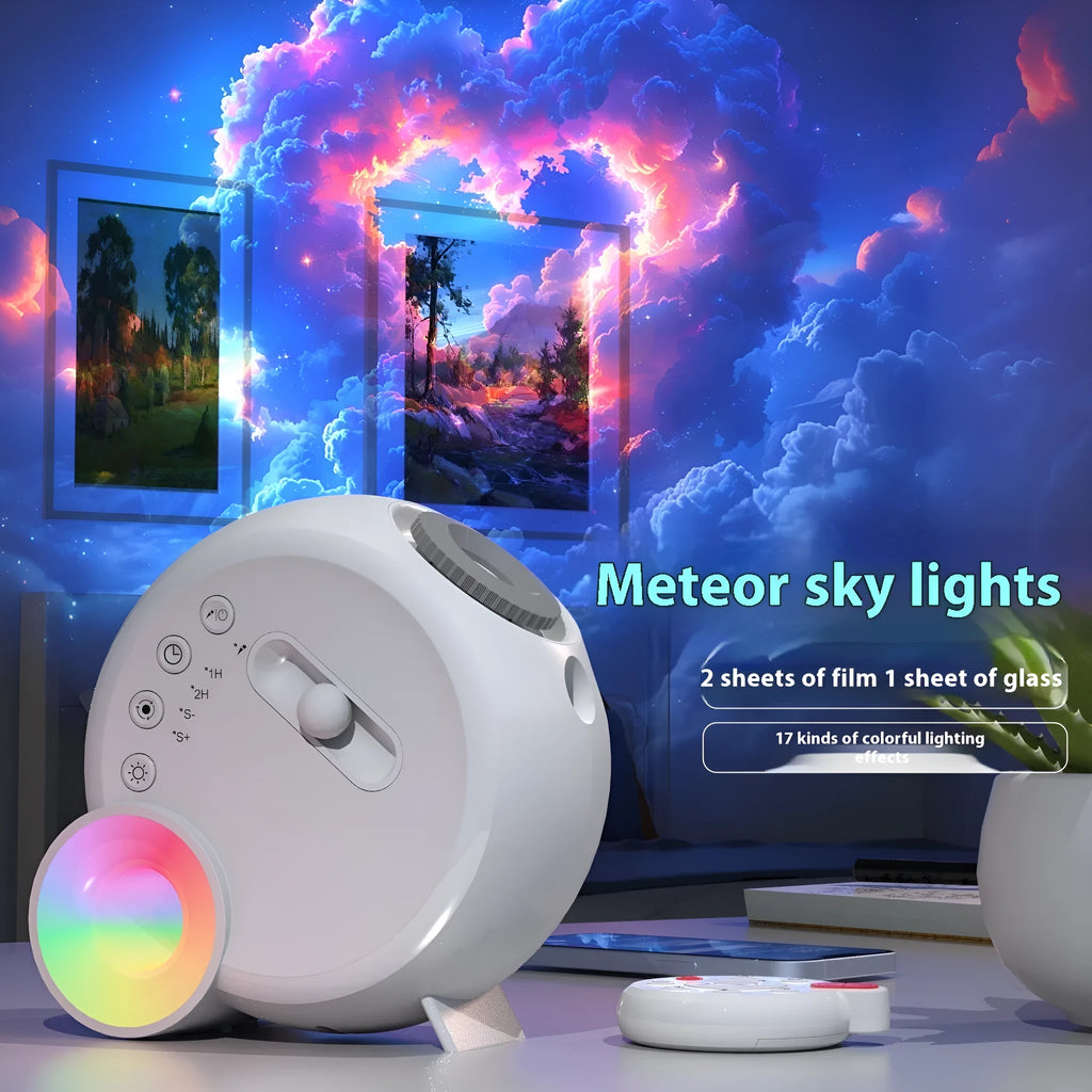 White modern simplicity star light projector with remote control on a bedroom surface, measuring 20x19x10.1cm
