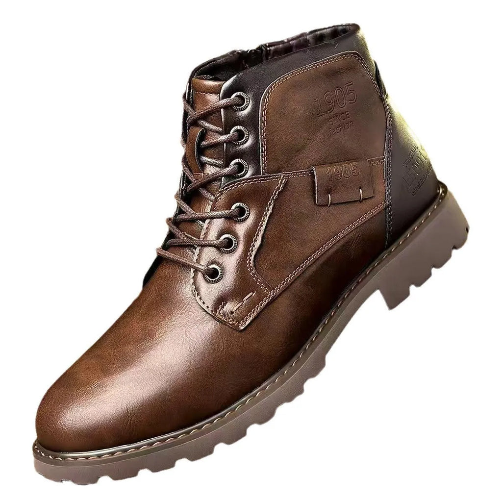 Men's brown Martin ankle boots with side zipper and rubber sole