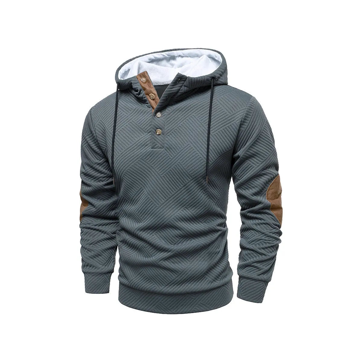 Men's loose hooded pullover sweatshirt in white, dark blue, apricot, dark gray, or black, sizes S to 3XL.