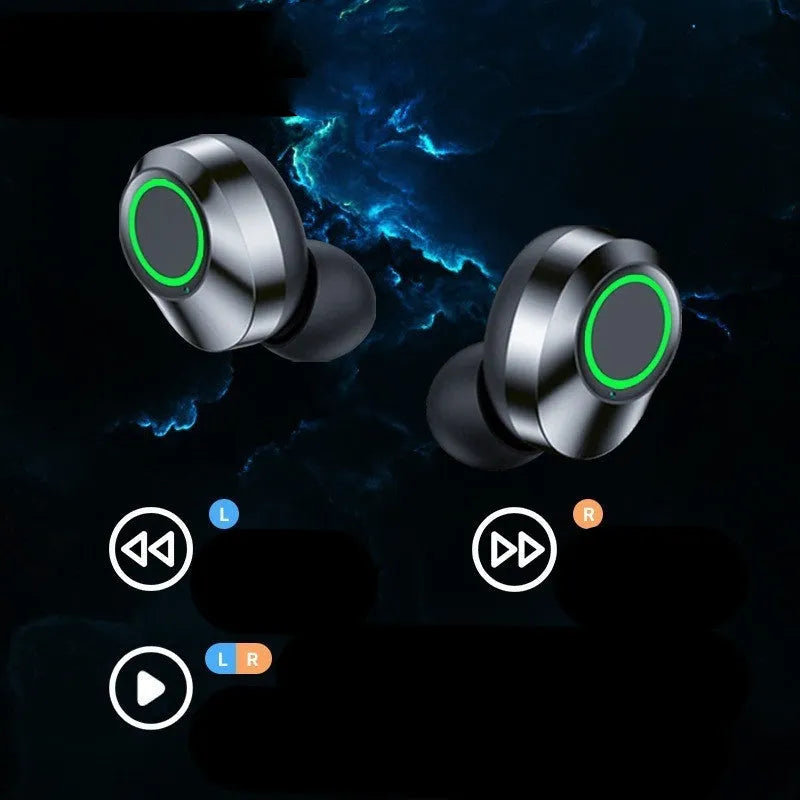 Black wireless in-ear earbuds with charging case, LED display, and breathing light, Bluetooth 5.3, 4-5 hour battery