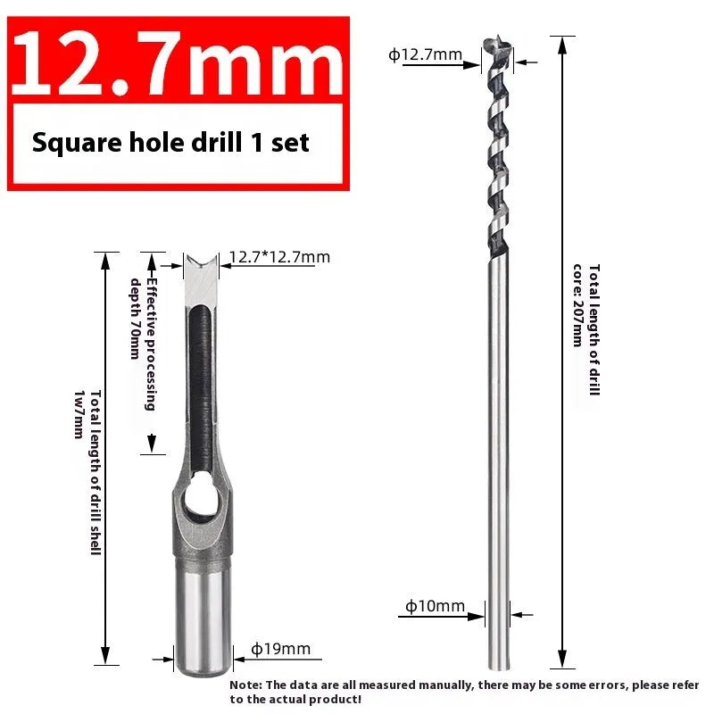 Carbon steel square hole drill bit and core set measuring 12.7mm for woodworking.