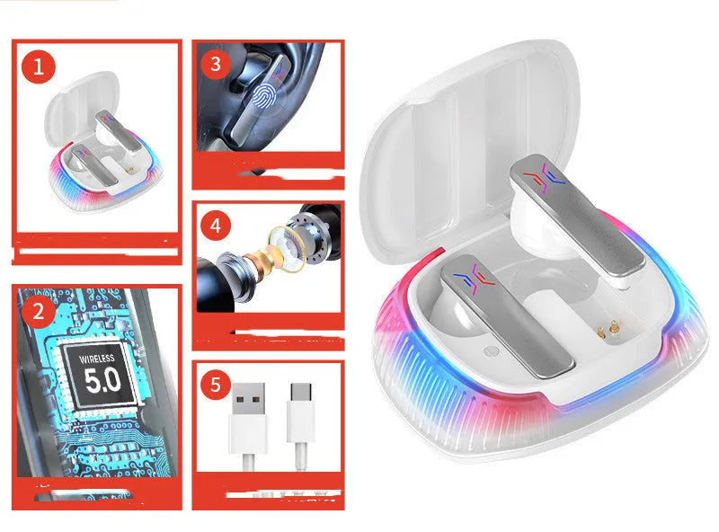 Hall Flashing wireless gaming earplug headset in black or white with USB Type-C charging cable.