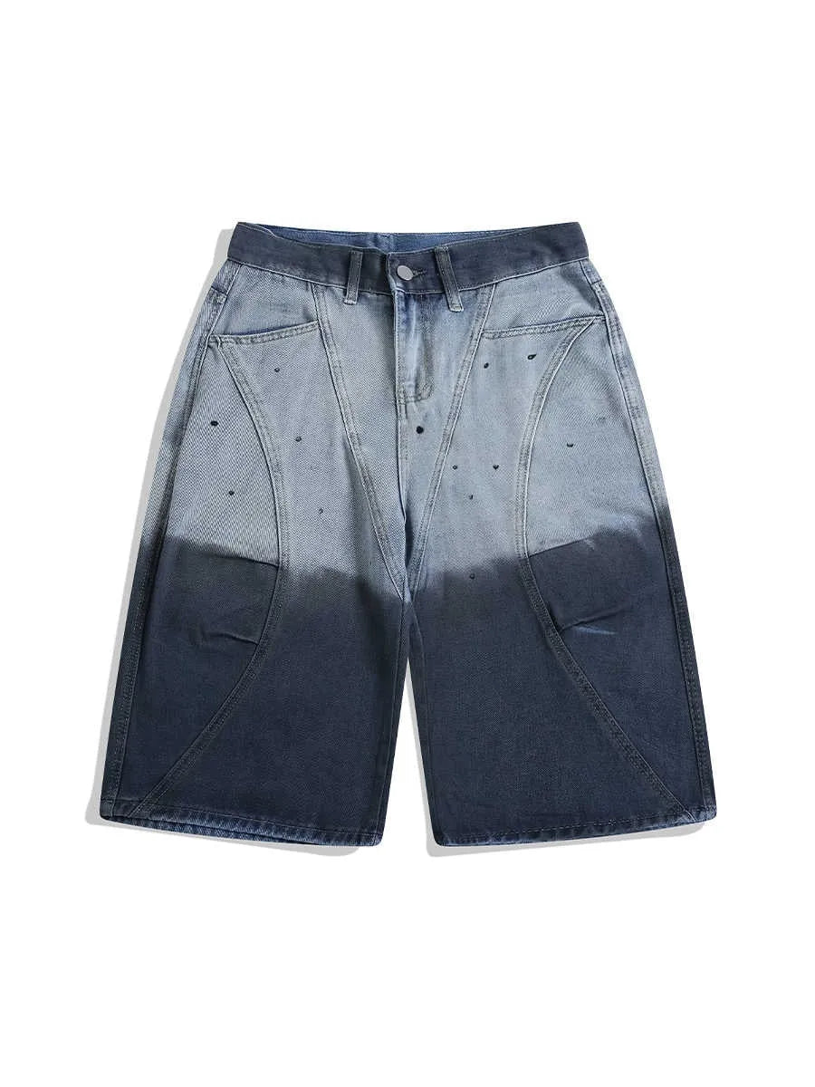 Blue tie-dye gradient cropped jeans with washed-out finish and mid-waist loose fit