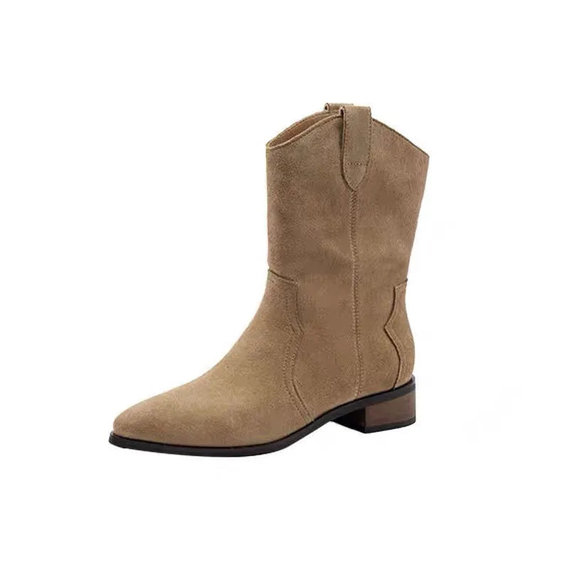 Khaki women's pointed toe chunky heel western cowboy boots with decorative stitching and square toe