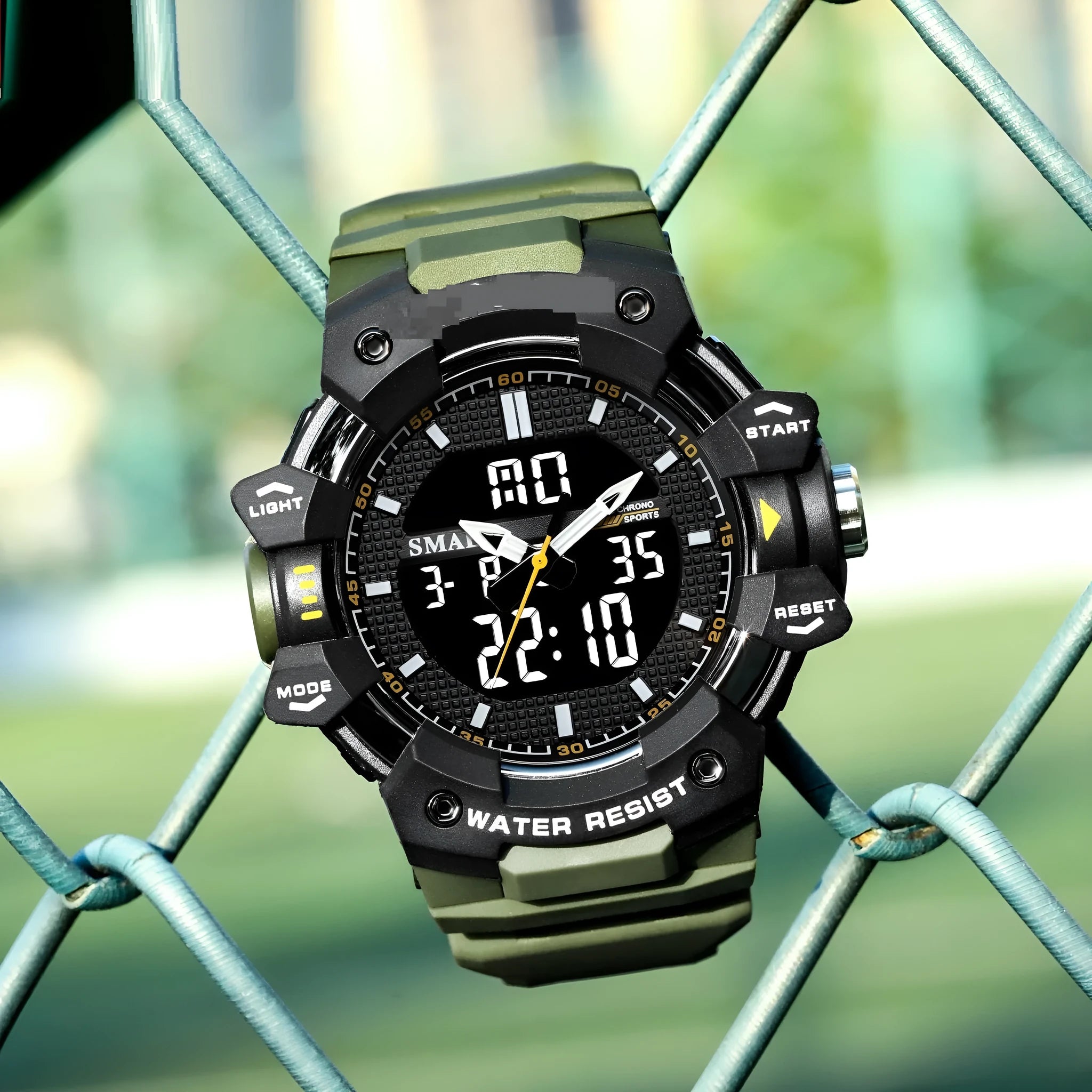 Men's outdoor sports waterproof watch with 55mm dial, plastic strap, and 50m water resistance, army green colour