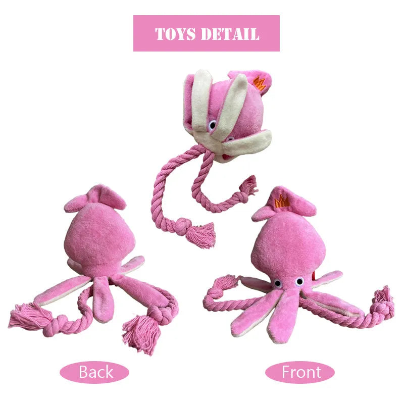 Pink squid-shaped plush dog toy with rope texture and a built-in squeaker.