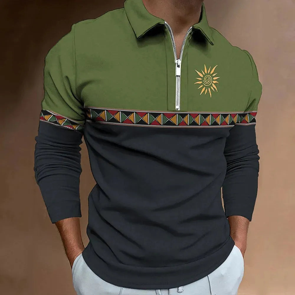 Man wearing a long sleeve loose fit t-shirt with a retro striped print and zip detail decorations.