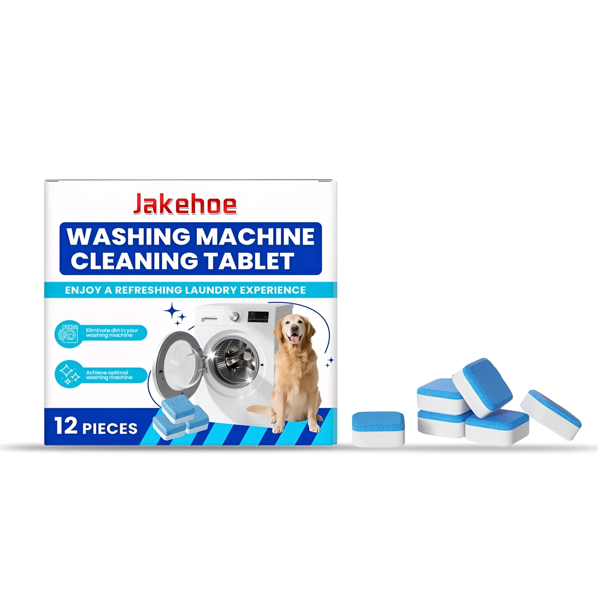 Box of 12 washing machine cleaning tablets with ingredients sodium bicarbonate and citric acid.