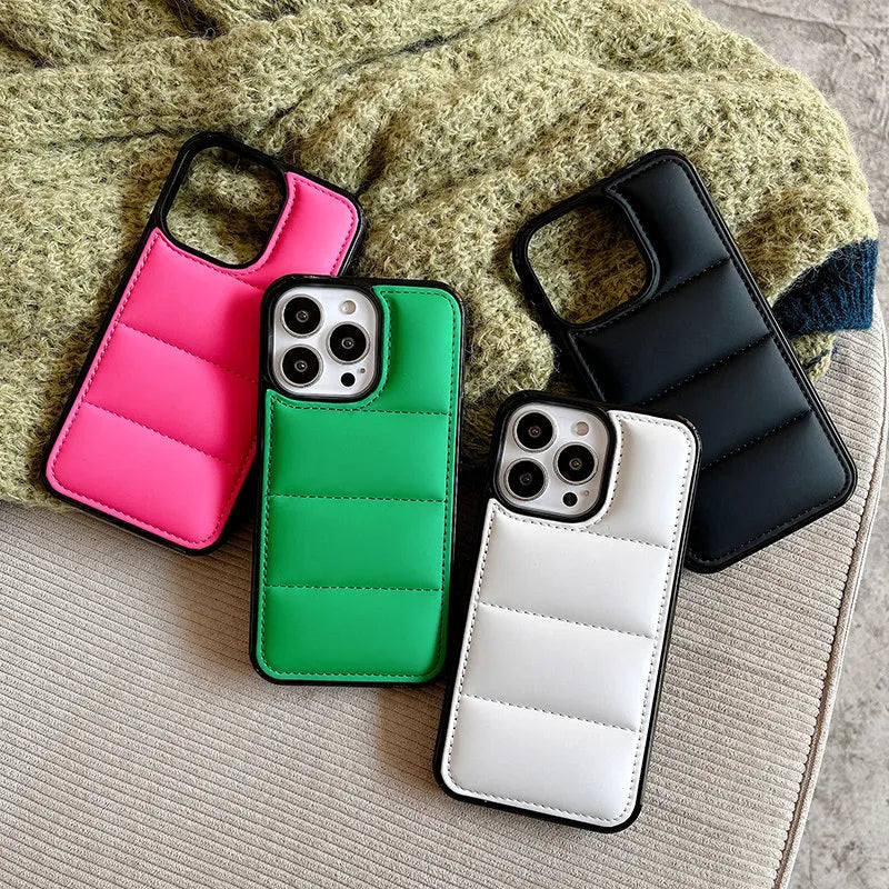 Candy Down Jacket shape phone case for iPhone in black, white, rose red, or green solid colours.
