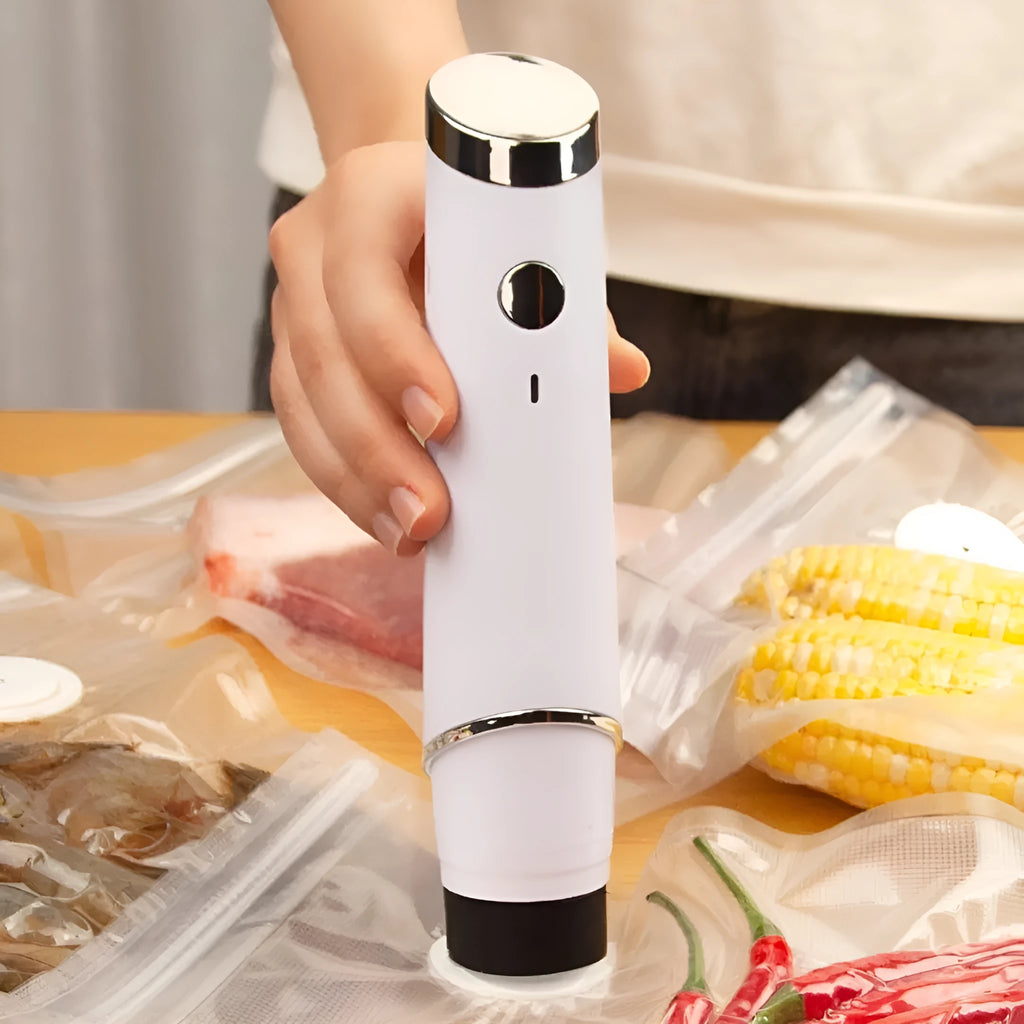 White USB electric suction pump with five 26x28cm food grade vacuum bags and zipper envelope seal