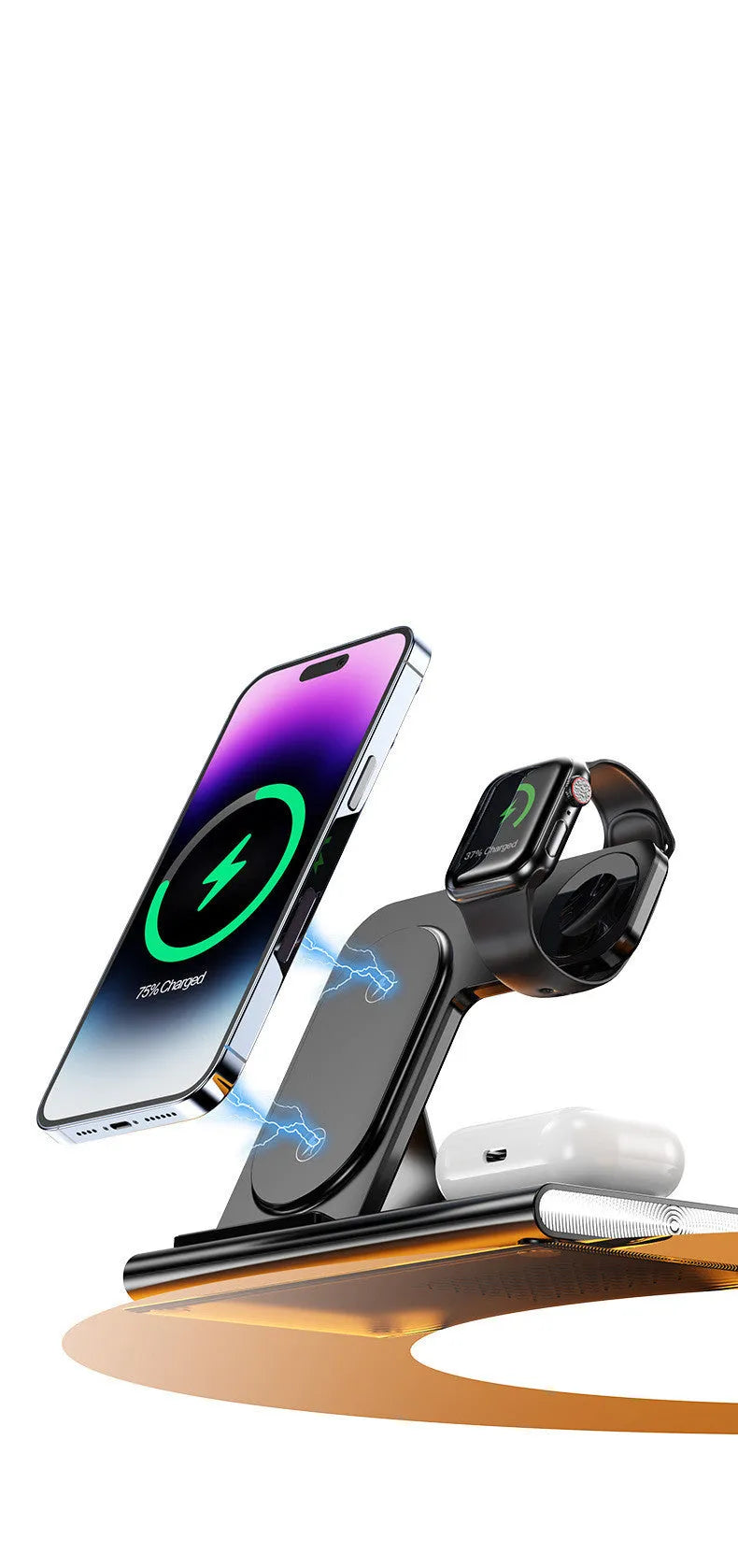 Folding four-in-one wireless charger in black with USB cable, 165mm width, plastic casing