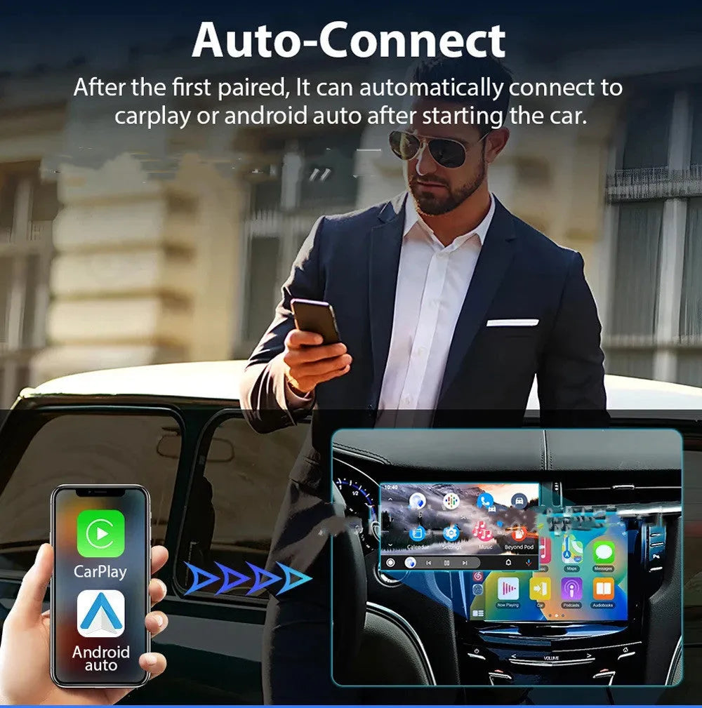 Black 9-inch car GPS navigation screen with capacitive touch display and USB-A cable