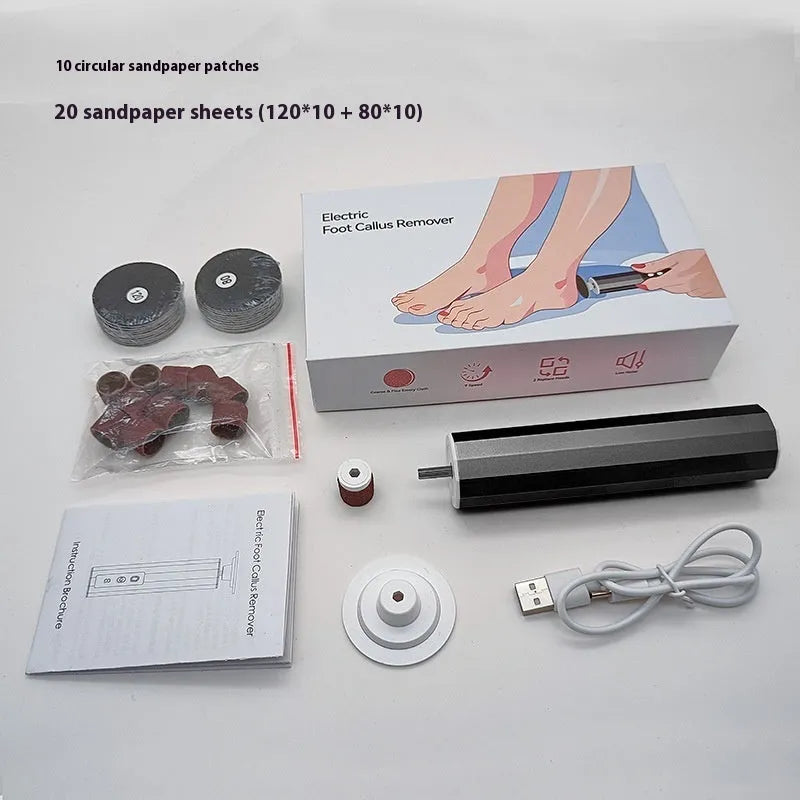 Electric callus remover kit with USB cable, grinding wheels, and gift box in pink, black, or purple.