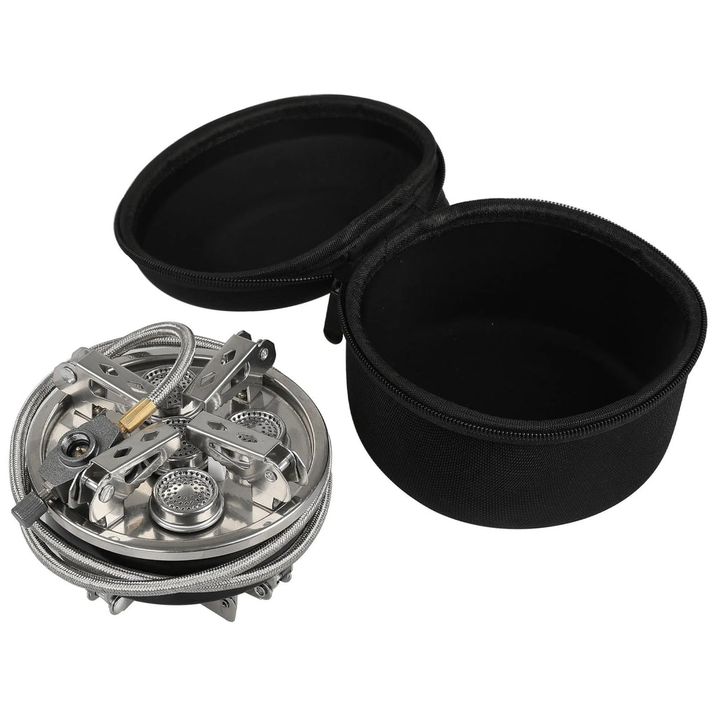 Silver portable foldable stainless steel split stove for outdoor camping and picnics.