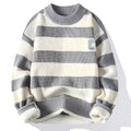 Men's autumn letter stripes mock neck sweater in gray, loose fit long sleeve pullover