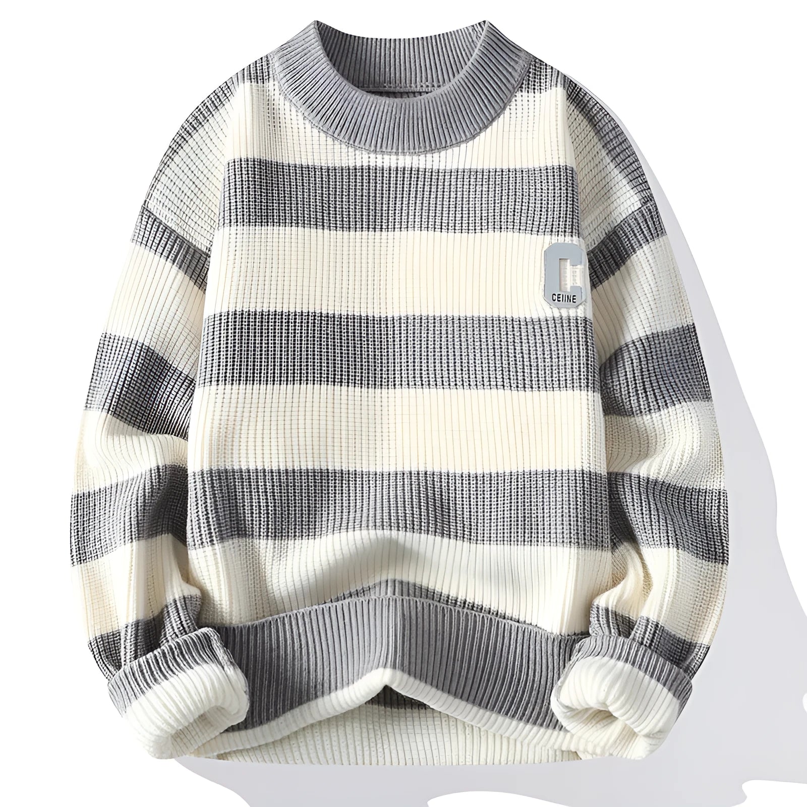 Men's autumn letter stripes mock neck sweater in gray, loose fit long sleeve pullover