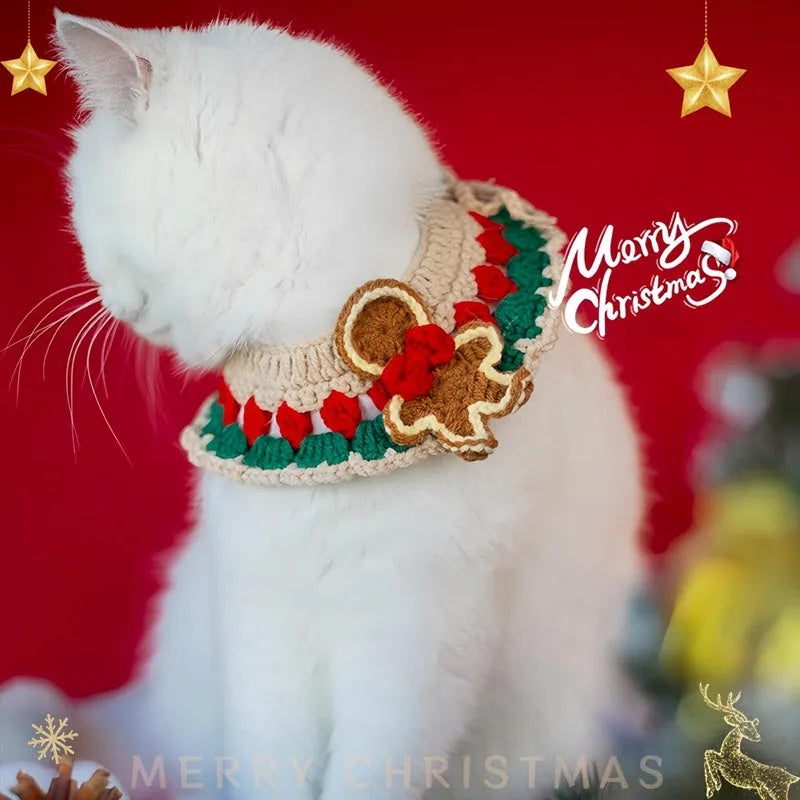 Adjustable Christmas knit pet collar with crochet Elk pattern, soft yarn, sizes L and M for cats and dogs