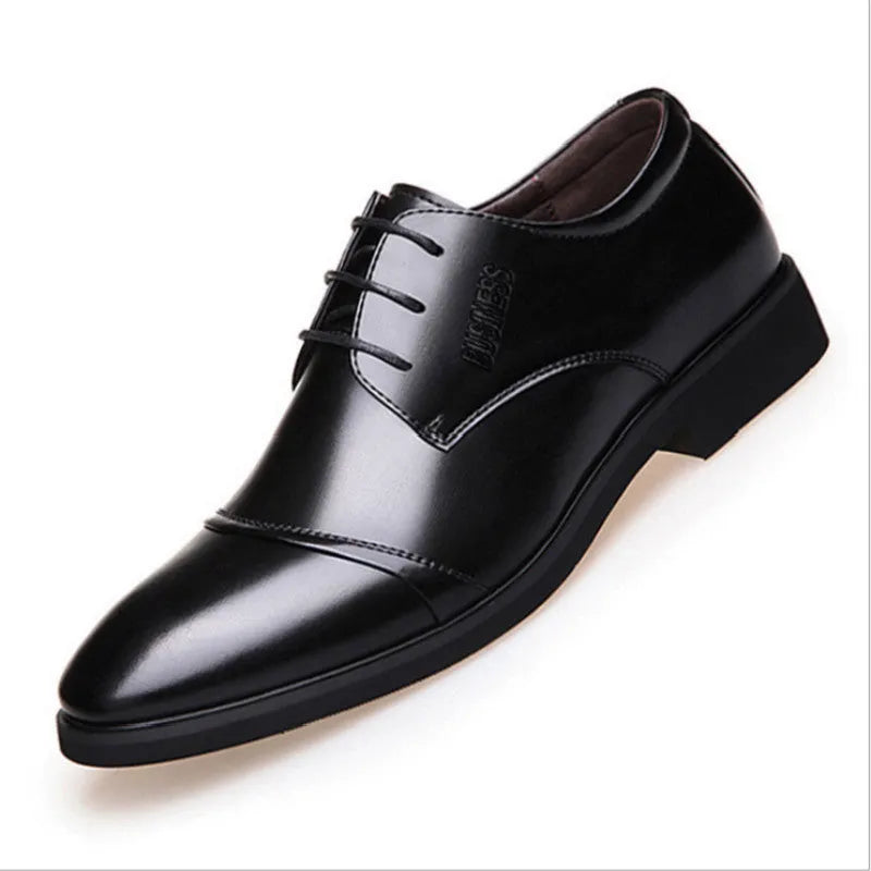 Men's black formal leather lace-up shoes with stitching detail and rubber sole