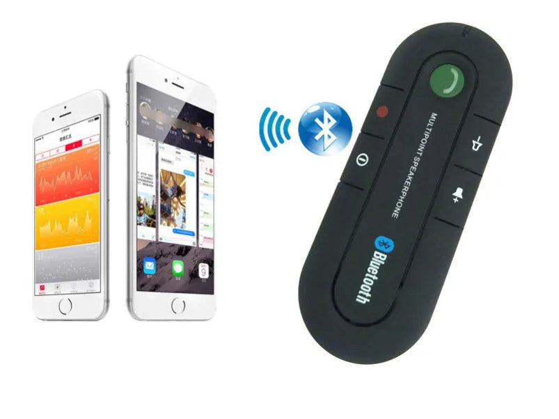 Black vehicle-mounted Bluetooth handsfree and music player device attached to a car sun visor.