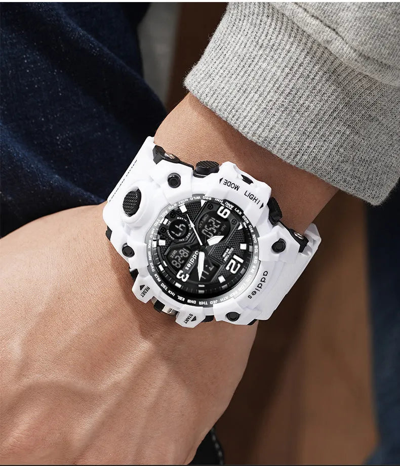 Men's black and red dual display electronic sports watch with a round plastic case and stainless steel buckle.