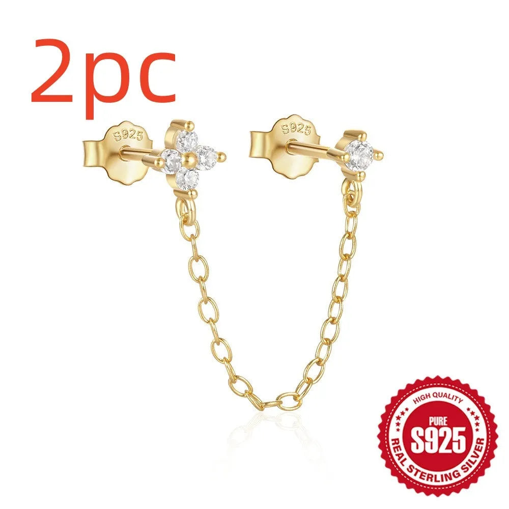 S925 sterling silver geometric earrings with flower tassel chain design in golden electroplated finish