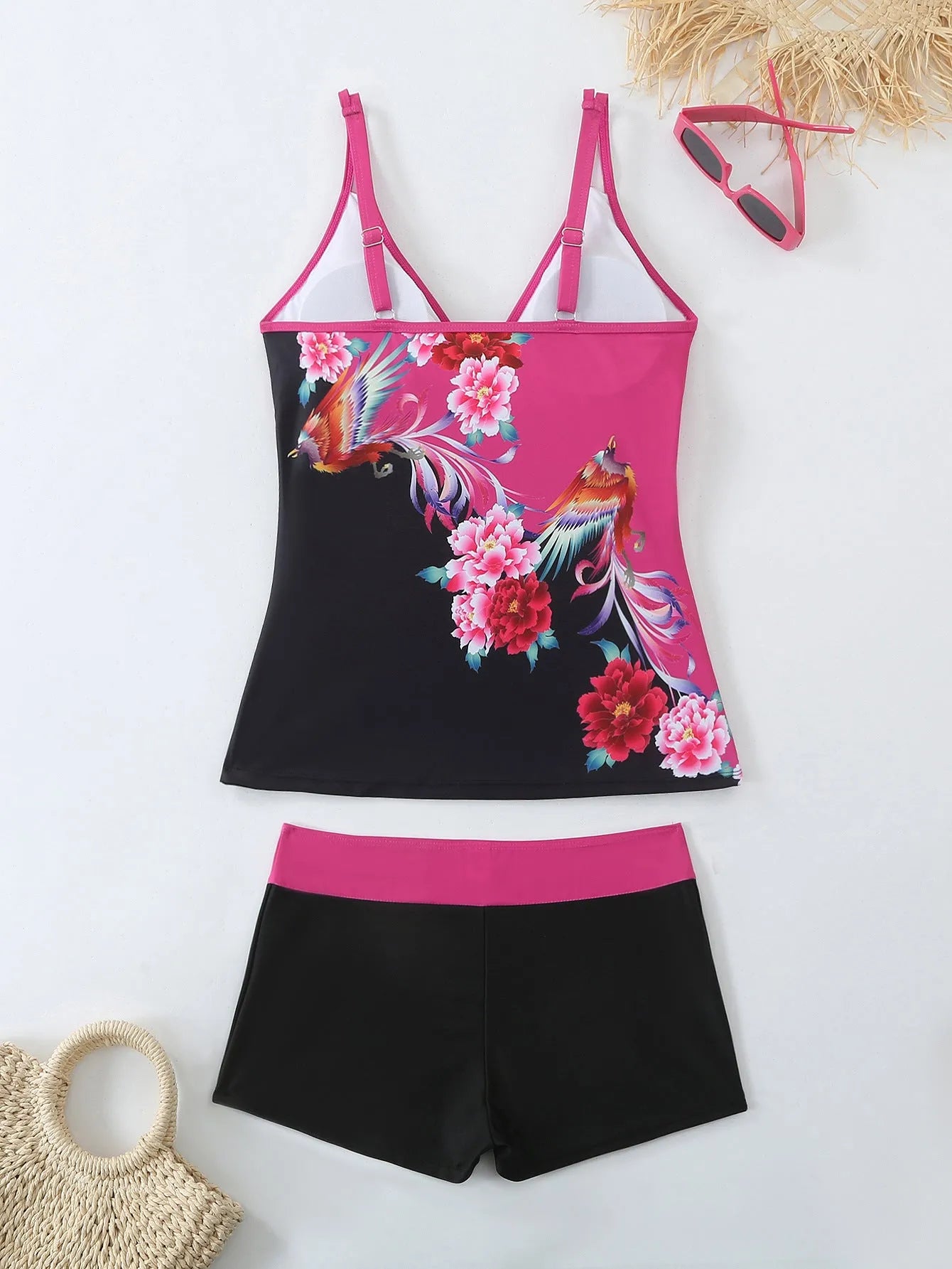 Plus size women's printed swimsuit briefs in black or rose red with cotton lining