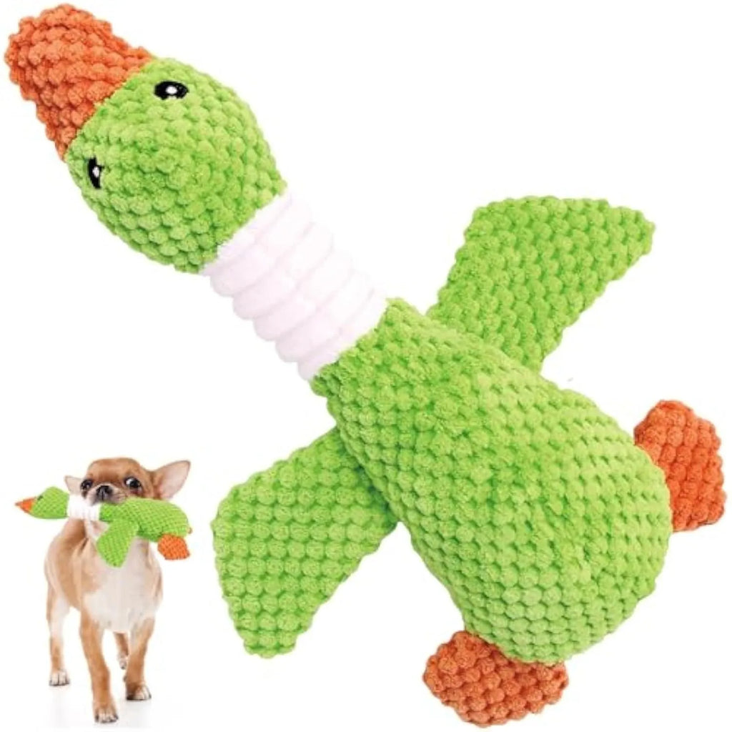Blue duck plush dog toy with squeakers for chewing and interactive play
