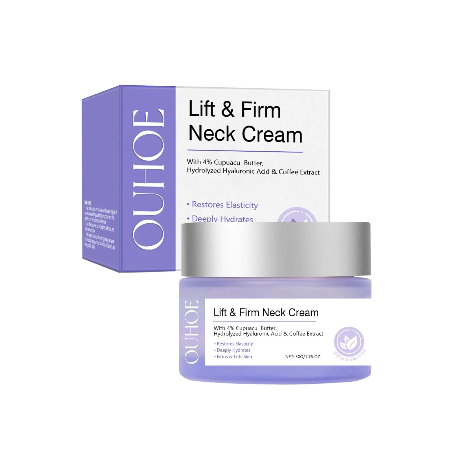 50g neck skin cream jar with coffee extract and hydrolysed hyaluronic acid for moisturising skincare