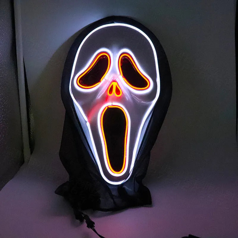 Halloween scary skull LED glowing screaming mask white shell with white light and ice blue