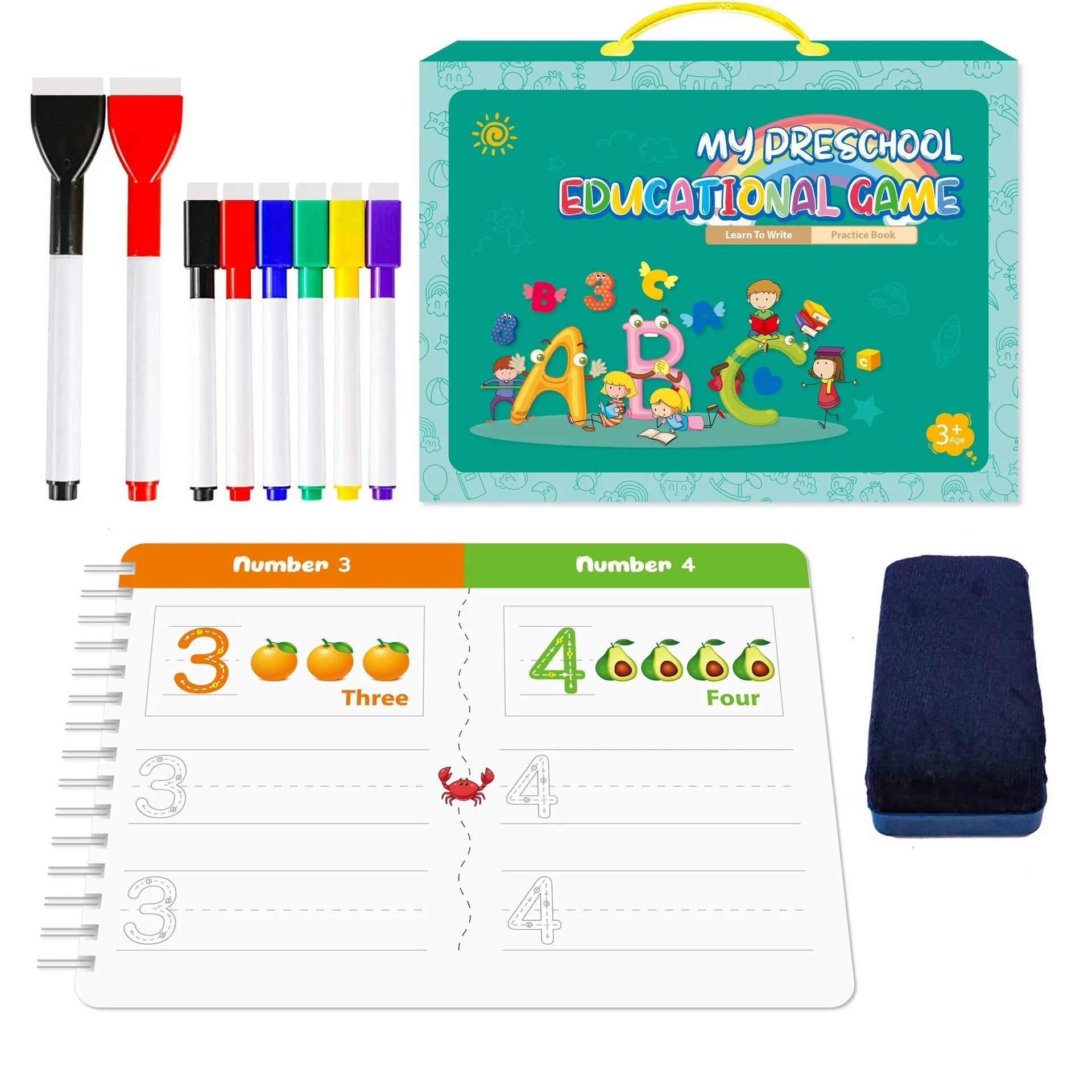 Montessori children's handwriting practice book with wipe-clean pages and 8 coloured pens in gift box