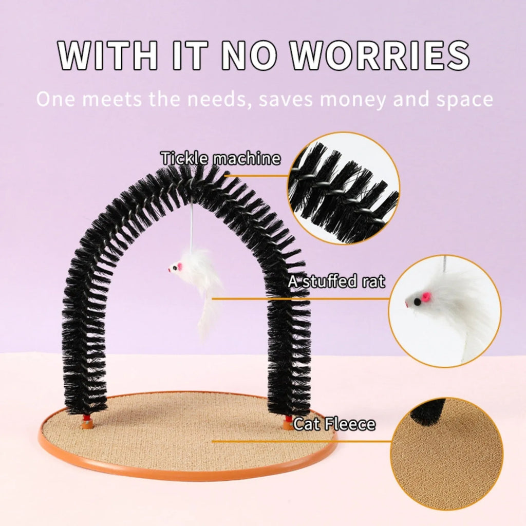 Black arch-shaped plastic cat grooming device with a mop and scratching surfaces, featuring a plush mouse toy.